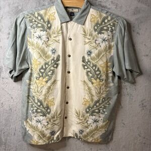 Tommy Bahama Mens Large Hawaiian Shirt Button Up Green Silk Floral Relax Palms